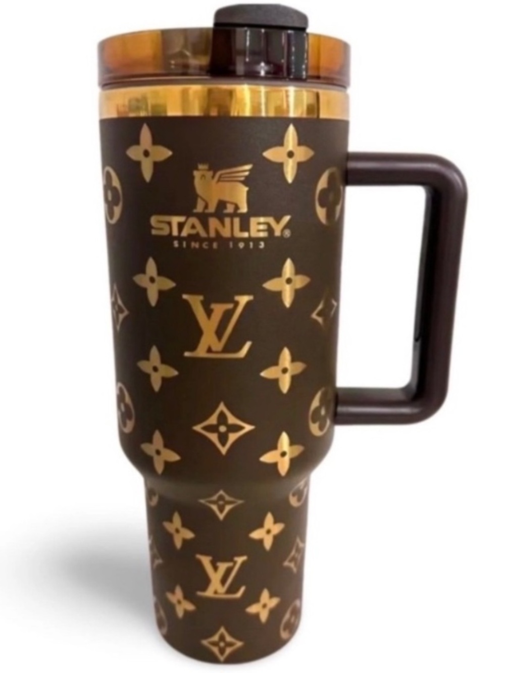 Stanley Chocolate Brown and Gold Tumbler with Handle NEW
